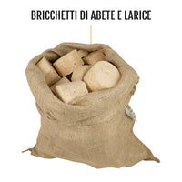sacco di juta con bricchetti di abete e larice